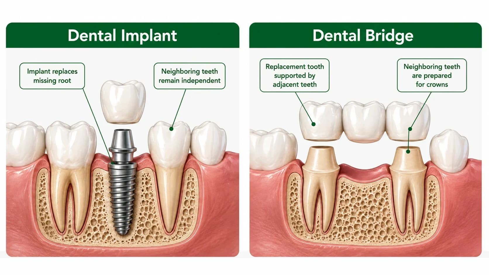 Dental implant vs bridge comparison showing two options for replacing a missing tooth
