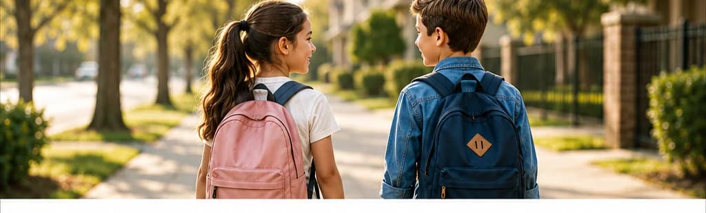 Two school-age children walking to school wearing backpacks.