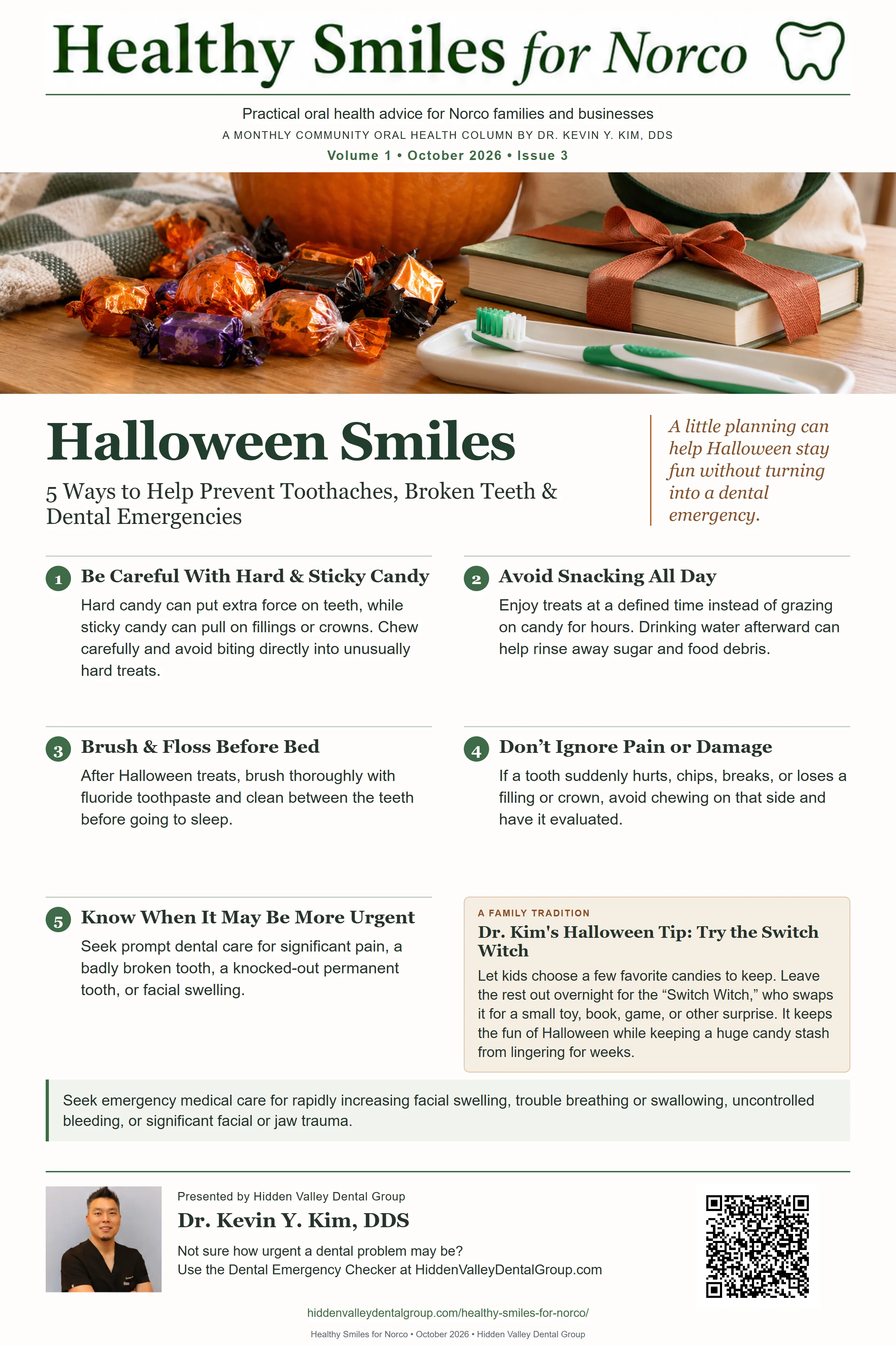 Halloween Smiles, Volume 1, October 2026, Issue 3: five dental tips and Dr. Kim’s Switch Witch family tradition.