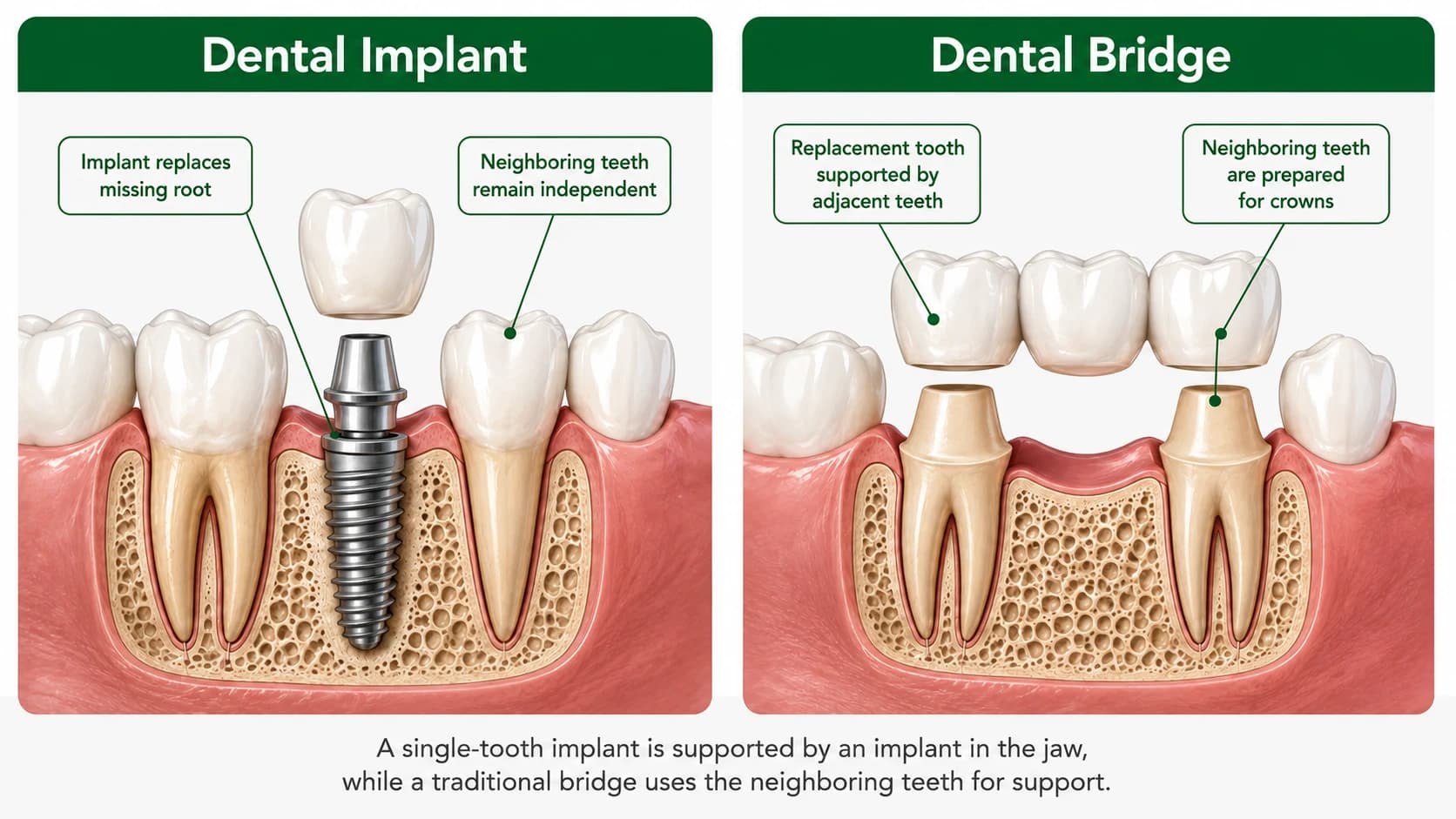 Dental implant vs bridge comparison showing an implant replacing one missing tooth and a bridge supported by neighboring teeth