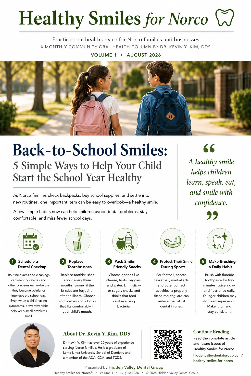Healthy Smiles for Norco back-to-school dental checklist by Dr. Kevin Y. Kim.