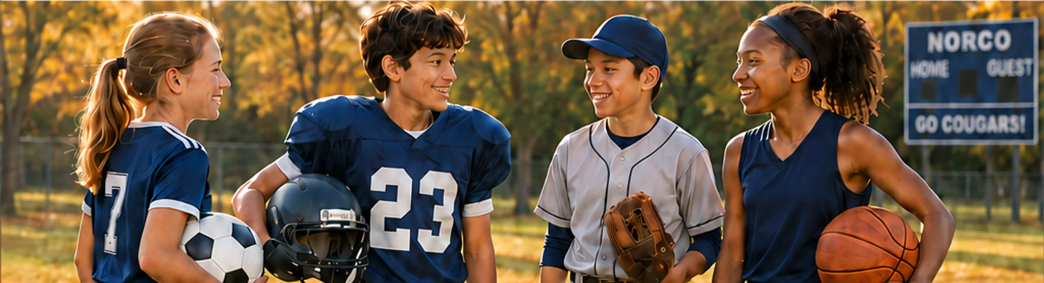 Four young athletes in soccer, football, baseball, and basketball uniforms standing together on a field, with a Norco scoreboard behind them.